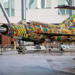 Full view of beaded MiG-21 fighter jet on display at Museum of Flight