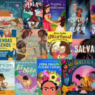 Collage of colorful Latine children’s book covers, featuring titles like Desert Song, Lola, ¡Mistaco!, Leyendas, My Abuela Is a Bruja, and more, celebrating Hispanic Heritage Month.
